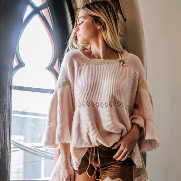 POL Sweaters - Pink Flutter Bell Sleeve Lace Boho Tunic Sweater